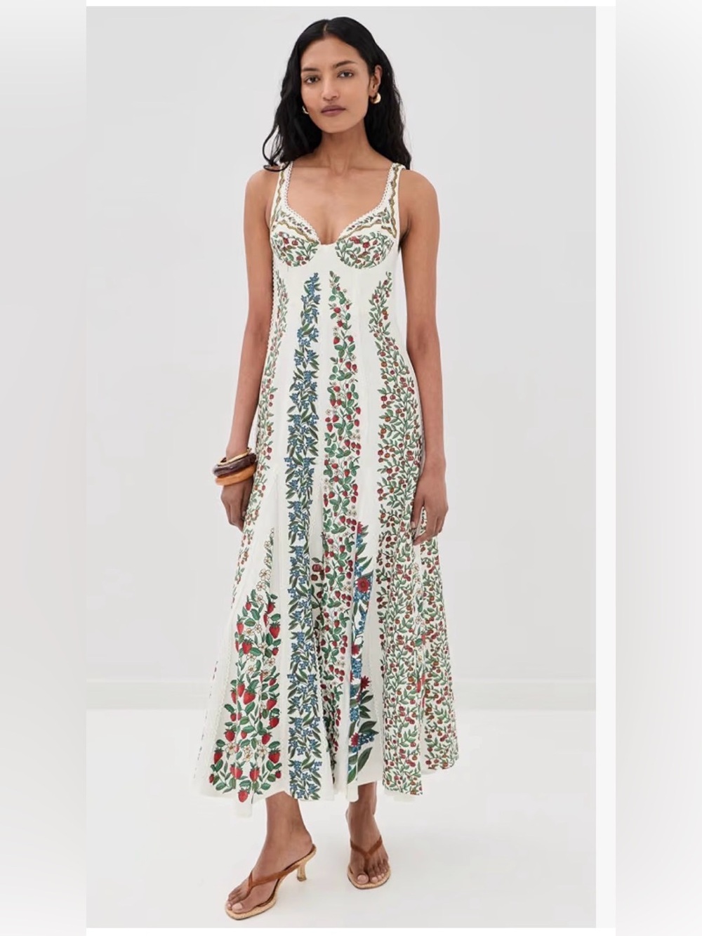 FARM Rio White Maxi Dress with Red & Green Floral Panels
